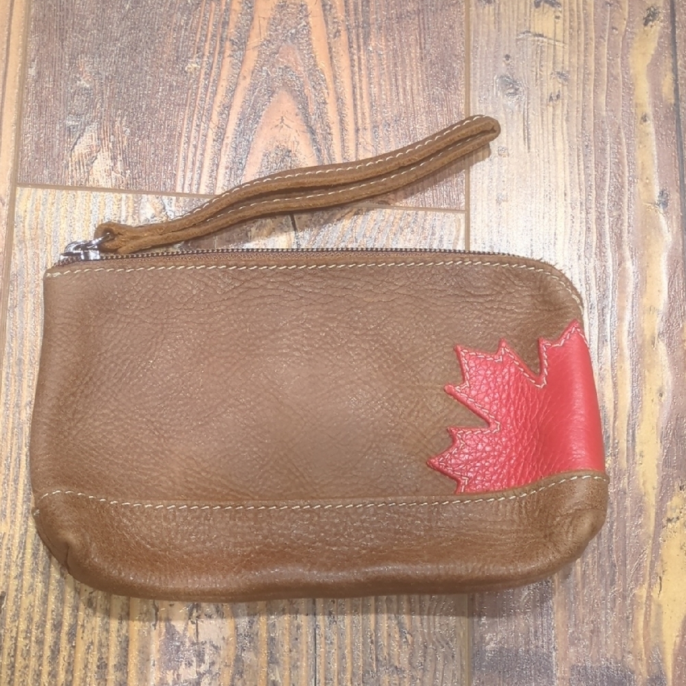 Roots Brown Leather Clutch with Red Leaf Accent